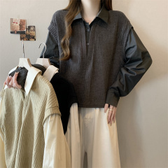 Plus size autumn new design stitching fake two-piece casual all-match slim shirt tops for women