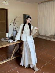 New style new Chinese style woolen jacket + designer bottoming shirt and skirt suit for women