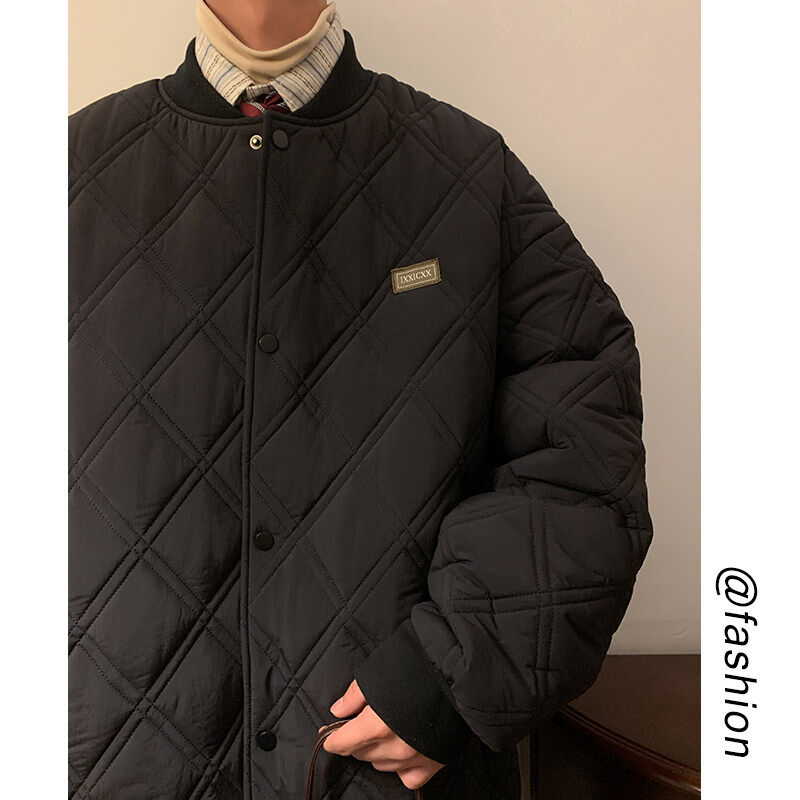 Winter diamond check cotton thickened baseball uniform men's oversize cotton warm jacket