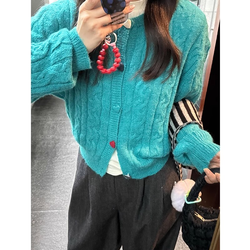 Korean style round neck twist knitted cardigan for women autumn and winter casual versatile colorful button sweater