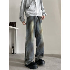 Autumn and winter new American retro loose straight jeans men's trendy wide-leg dirty wash pants