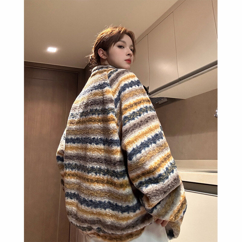 Designed PU leather stitching contrasting color lamb wool jacket men and women couple wear winter thickened cotton coat