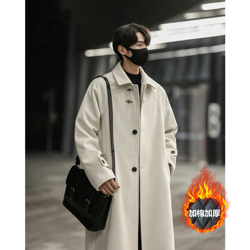 Thick cotton lining, long knee-length woolen coat, airplane button windbreaker jacket