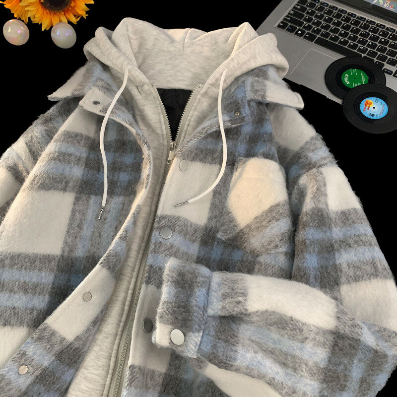 American fake two-piece plaid coat men's autumn and winter new national trend thickened warm hooded cotton coat