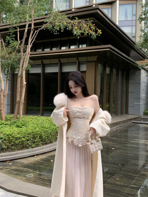 French style waist slimming long-sleeved fishbone heavy-duty top and skirt fur coat suit