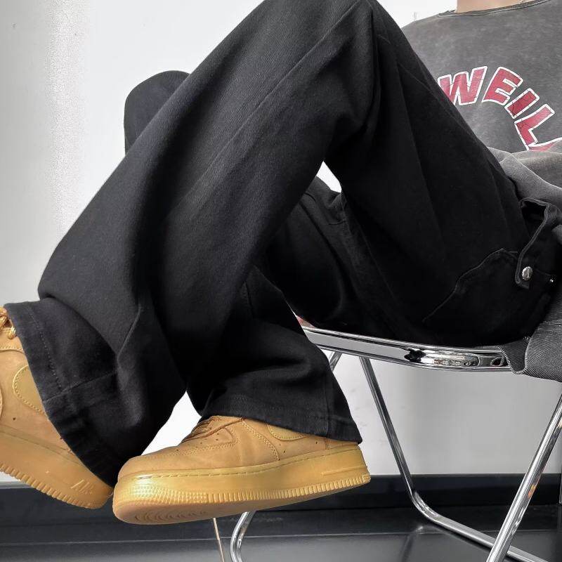 American high street black wide leg floor mopping casual denim trousers