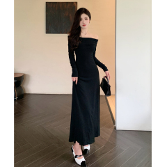 High-end black one-shoulder dress for women in autumn and winter long-sleeved off-shoulder dress with waist and elegant a-line skirt