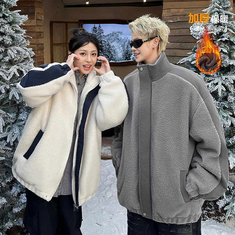 Autumn and winter new thickened sherpa jacket men's American retro handsome casual cotton coat