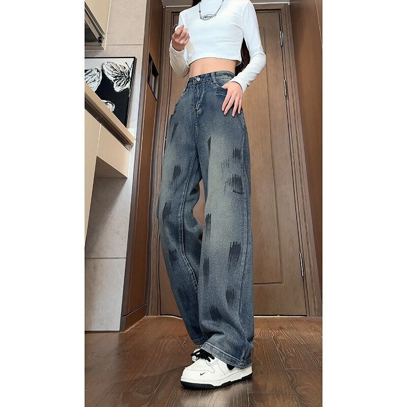 American retro graffiti jeans men's handsome high street autumn new wide-leg pants