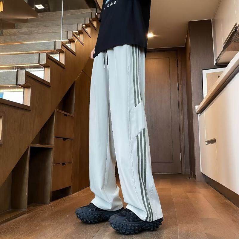 Hemmed sports casual pants for men, summer thin, striped on both sides, color matching, loose straight pants