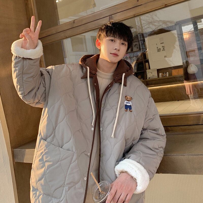 1 Hong Kong style outdoor corduroy splicing hooded cotton coat for men fake two-piece bear cotton coat for men
