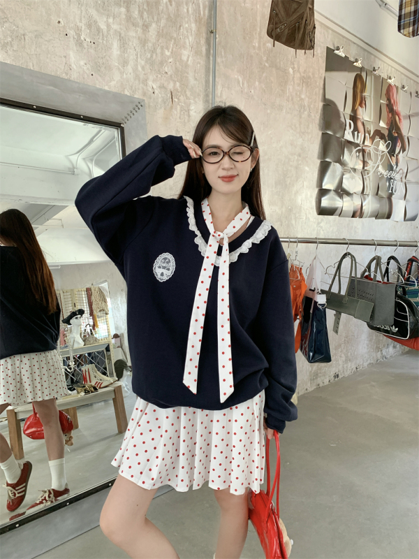 Bear patch embroidered polka dot floating collar design vest dress Korean style sleeveless layered pleated skirt