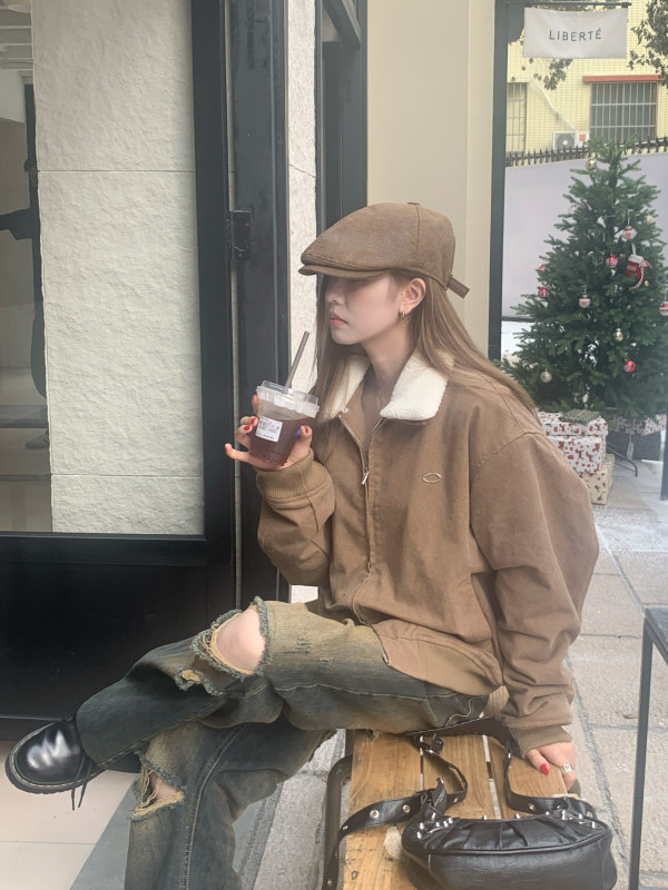 Retro workwear lambswool lapel loose jacket