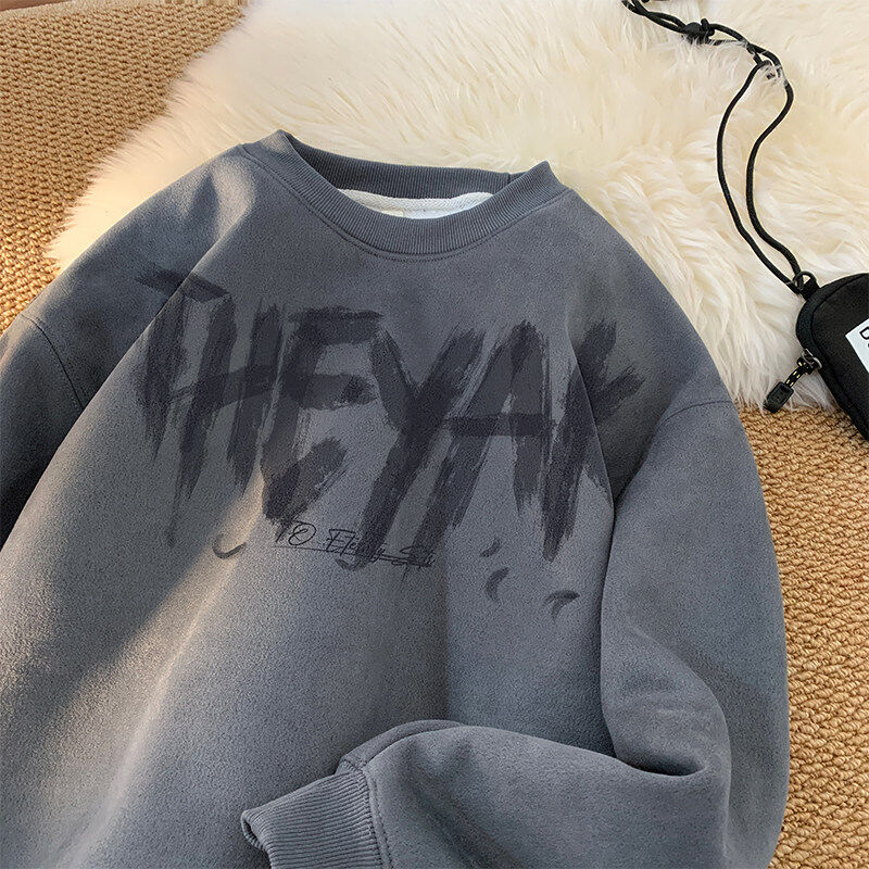 Autumn and winter new round neck couple style suede floral sweatshirt