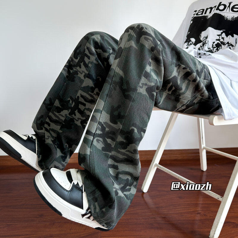 Autumn heavy design double line split camouflage casual trousers