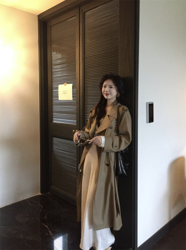 New high-end and elegant double-breasted lace-up waist long coat