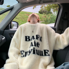 Autumn and winter new Hong Kong style letter imitation mink pullover round neck sweater for men trendy in