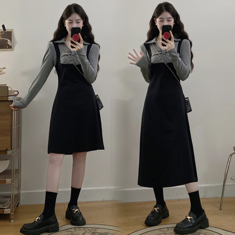 Plus size fat girl autumn and winter new contrasting color design fake two-piece slimming and versatile dress