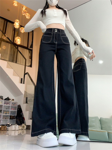 Black straight jeans for women autumn new large size fat mm loose slimming pear-shaped body high-waisted wide-leg pants