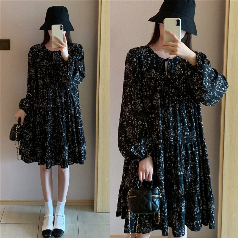 Spot early spring new large size fat mm floral long-sleeved loose belly-covering dress long style