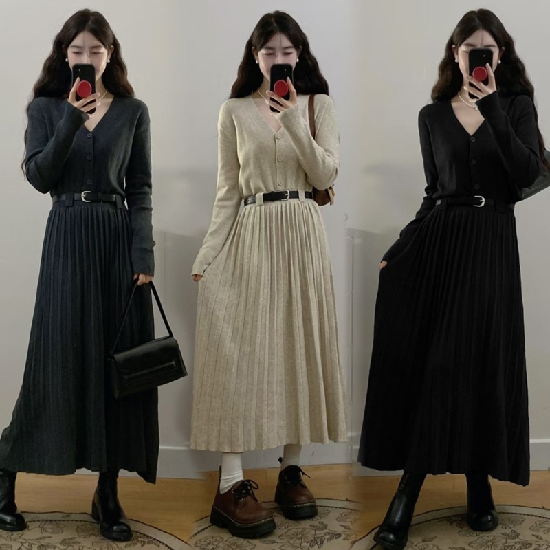 New French style base sweater mid-length waist dress with belt