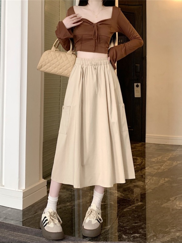Spot fat mm autumn new workwear style mid-length skirt for women retro slim drawstring A-line skirt