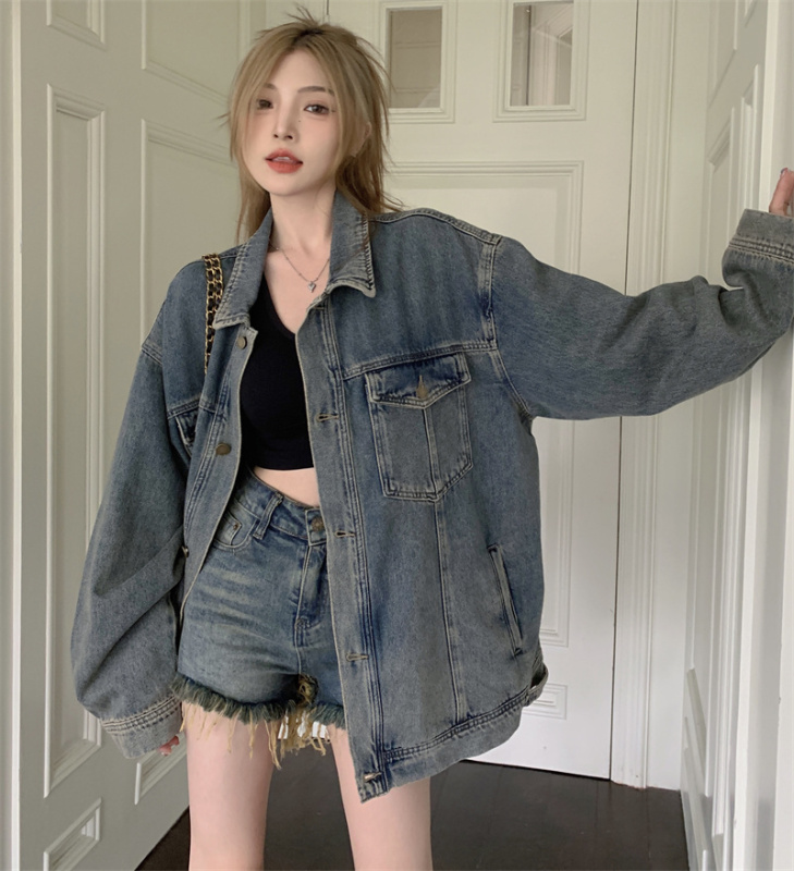 Spot large size fat M retro distressed denim jacket women's loose casual long-sleeved jacket top