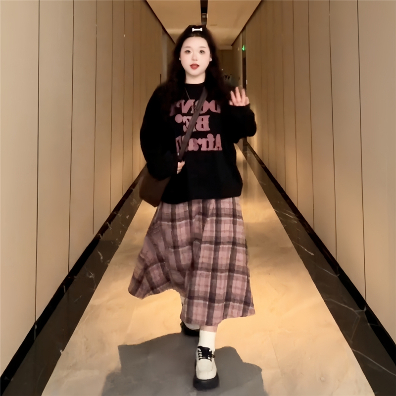 Plus size women's American retro lazy style suit autumn fat mm sweater + plaid skirt slimming two-piece set