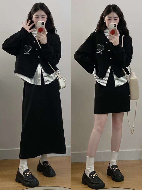 Plus size women's new long-sleeved loose fake two-piece shirt + high waist skirt for fat mm