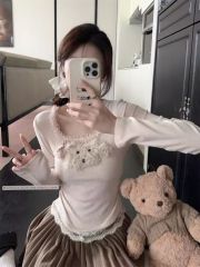 Comfortable velvet/pure desire white lace puppy T-shirt women's autumn and winter sweet and spicy bottoming shirt with short top