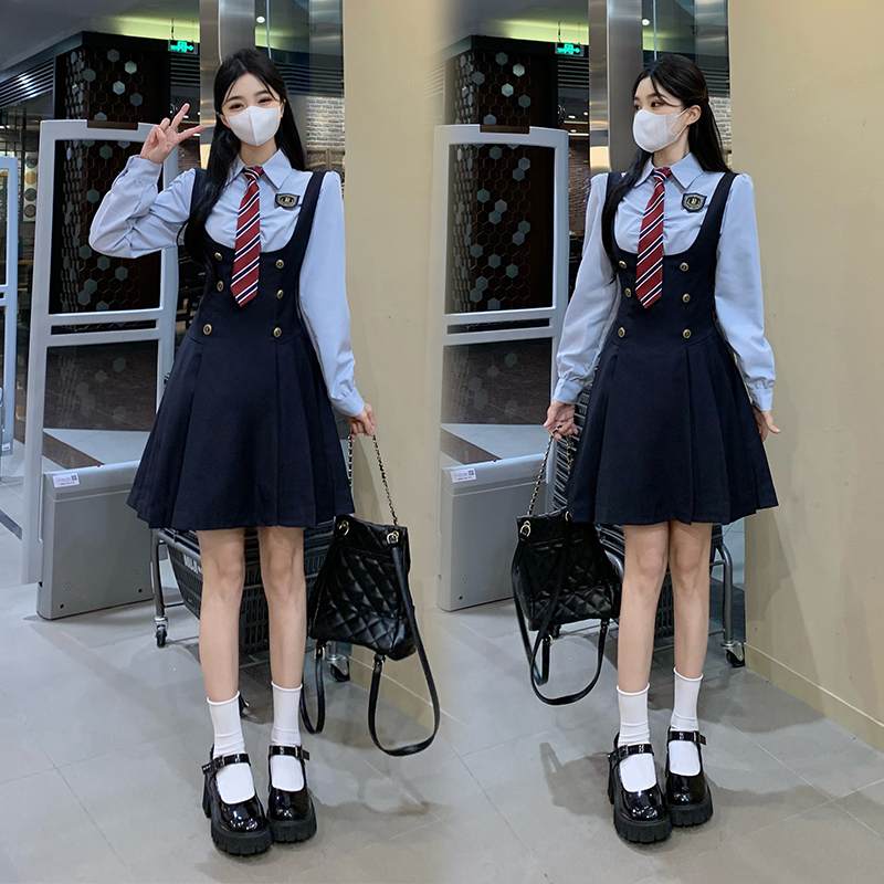Autumn and winter spot large size campus novel heroine fake two-piece dress female college style long-sleeved pleated skirt