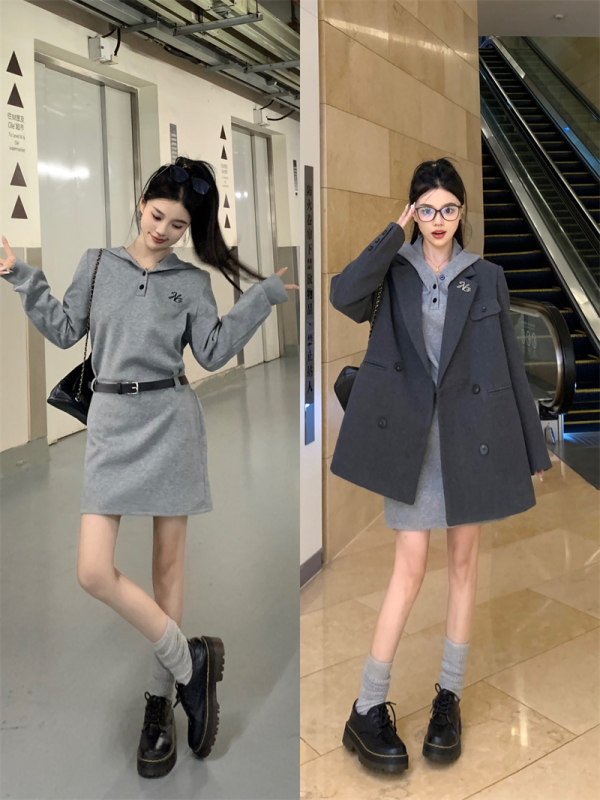 Large size~Autumn and winter new gray woolen blazer women's British style fashionable short woolen coat