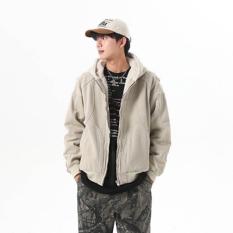 Velvet thickened cotton jacket men's winter loose heavyweight washed versatile work jacket