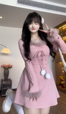 Shanghai-style sweetheart slightly fat mm pure lust style fur collar dress autumn and winter slim hot girl long dress