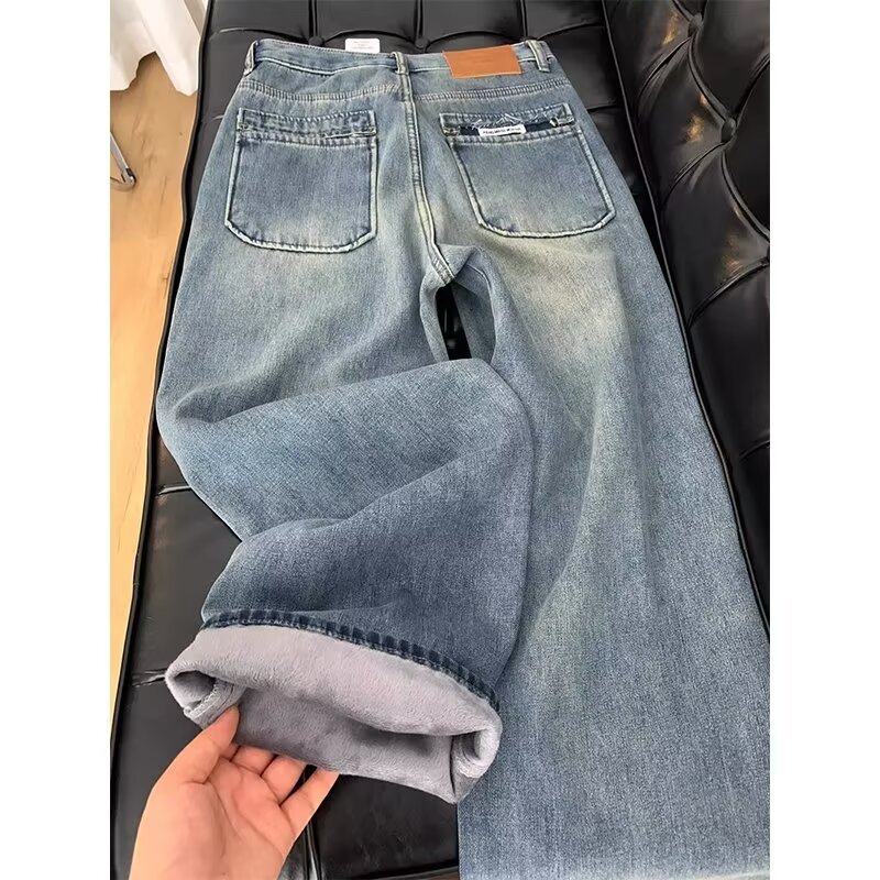 Large size plus velvet S-5XL blue and gray straight jeans for spring and autumn, fat mm looks slim and small, elastic nine-point hemming