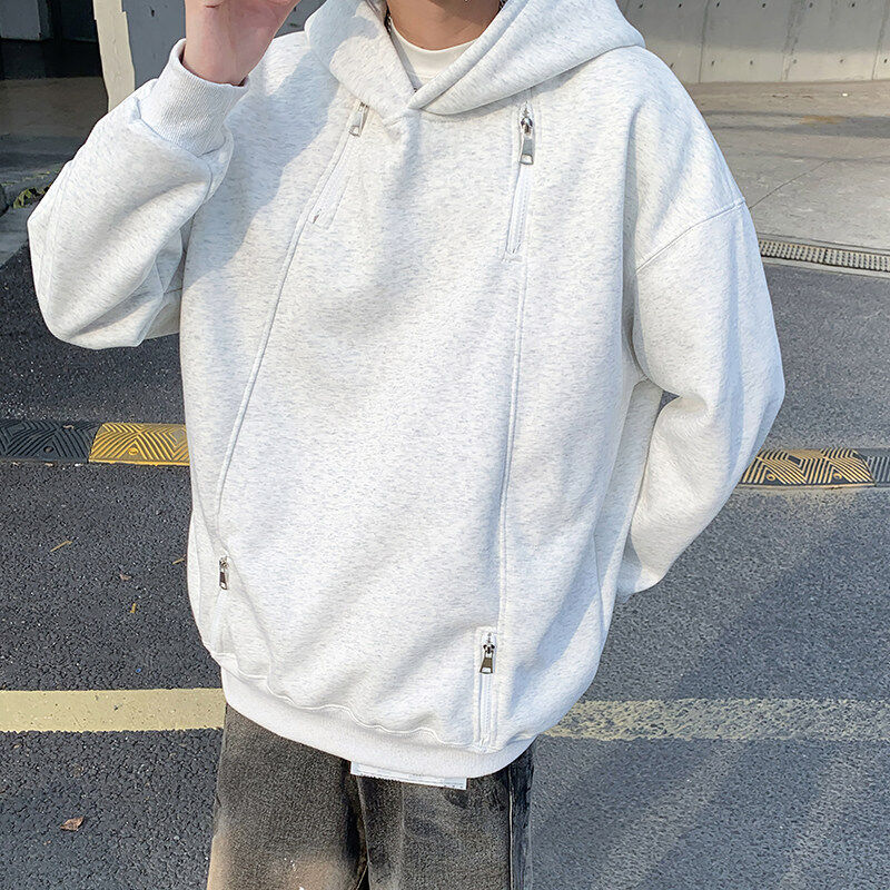 Exterior view - Men's hooded sweatshirt, American fashion brand top with multiple zipper design