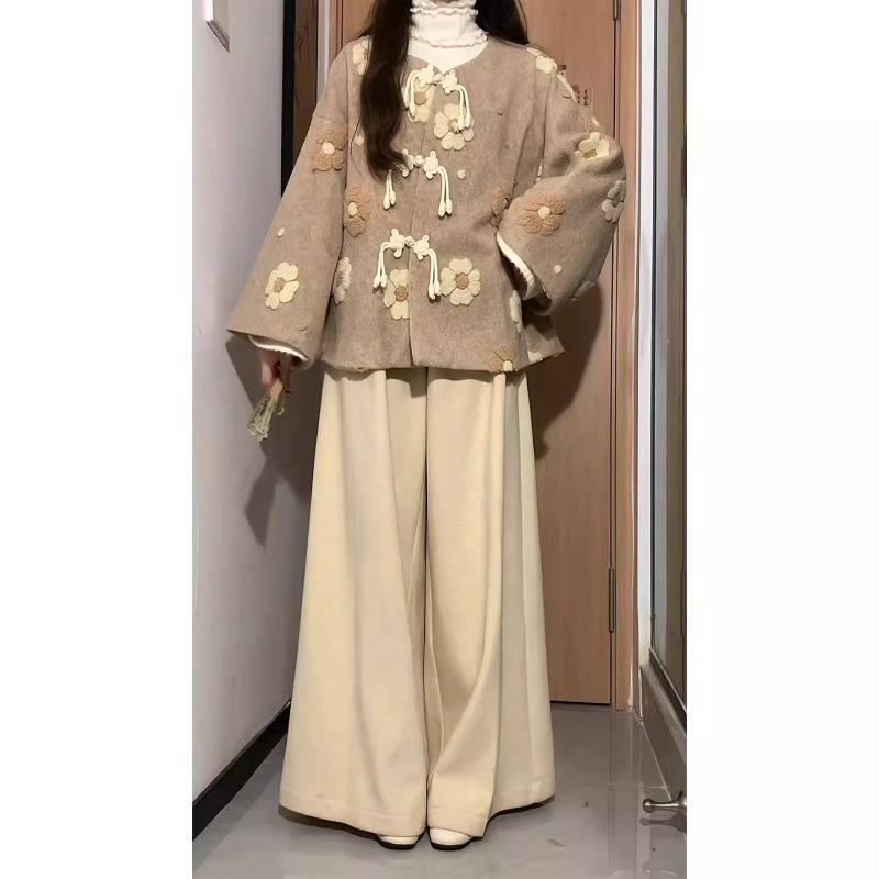 Winter clothing is paired with a complete set of large size fat mm new Chinese style woolen jacket high-end fashion two-piece suit pants for women