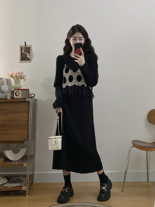 Autumn new fake two piece splicing temperament casual Korean style dress