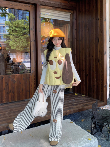 Large size cute cartoon cotton coat, cotton vest, sleeveless jacket + striped lazy style casual pants two-piece set