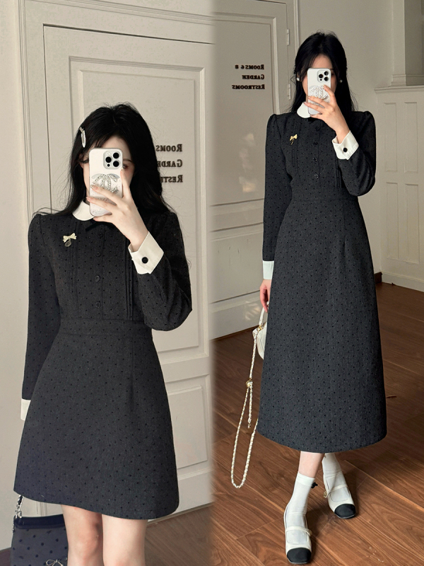 Plus size women's French style design woolen dress for fat girls to hide their flesh and make them look slimmer girlfriend's skirt