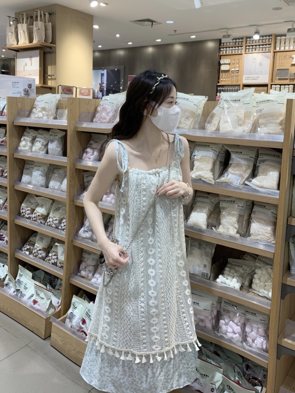 Plus size summer Korean style sweet temperament suspender long skirt tassel splicing fat mm retro dress