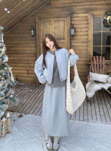 Large size versatile casual round collar quilted jacket + skirt + hooded bottoming three-piece set for women