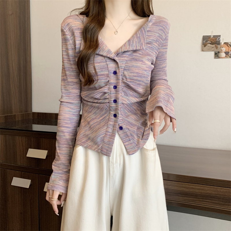 Plus size spring new dopamine wear textured wrinkles slimming sweet spicy style short long-sleeved t-shirt