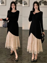 Spot large size women's clothing for fat mm autumn new splicing sequin waist slimming dress