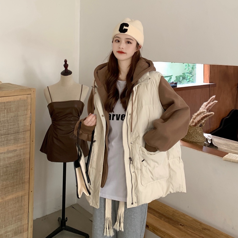 Spot large size 2024 winter new fat MM fashionable waist loose fake two-piece spliced ​​hooded cotton jacket