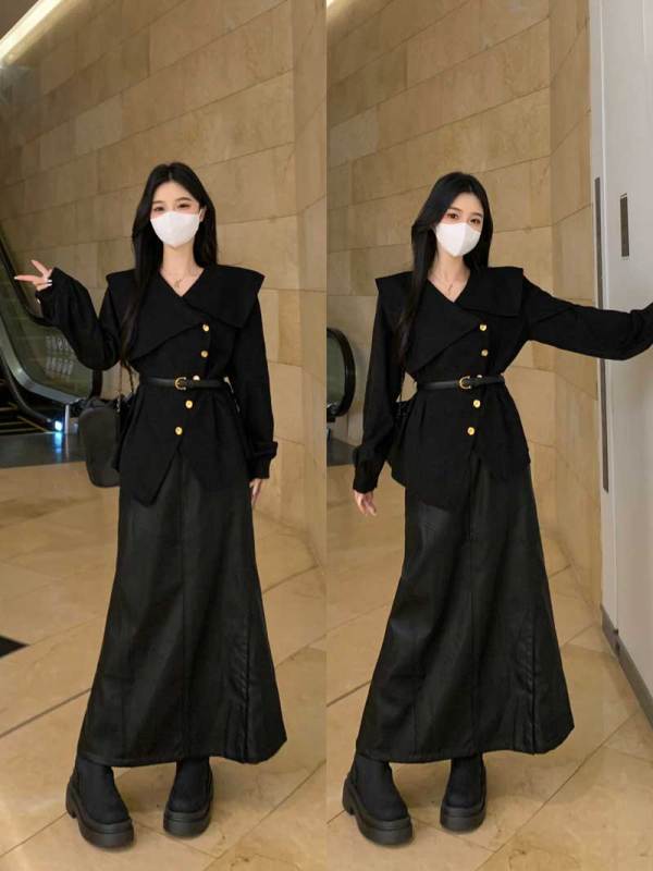Large size suit lapel shirt half skirt two-piece set for women in autumn fat mm looks slim pear-shaped body covering the flesh