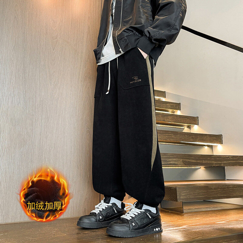 Winter thickened velvet and computer embroidered European cotton velvet ultra-thin strips of loose casual sports leggings for men