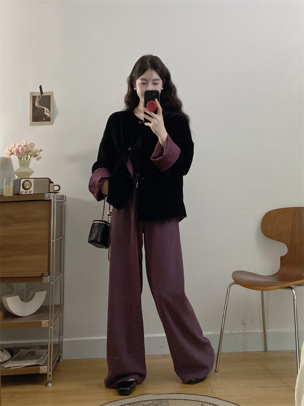 Black velvet jacket unique autumn and winter new Chinese style women's clothing new Chinese style top and pants suit