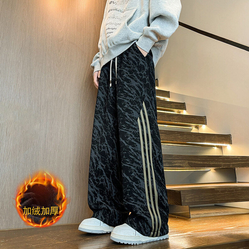Winter plus velvet warm three-stripes sports straight floor-length wide-leg pants tie-dyed dirty cloth cotton sweatpants