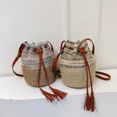 Woven straw bucket bag shoulder splicing striped straw bag woven bag vacation beach bag crossbody handbag